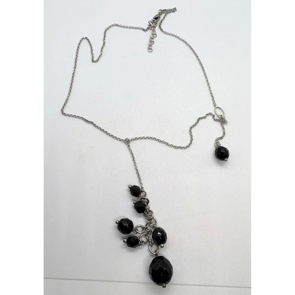 Sterling Silver Y-Drop‎ Necklace Faceted Black Beads Arezzo Italy 925 9.75g